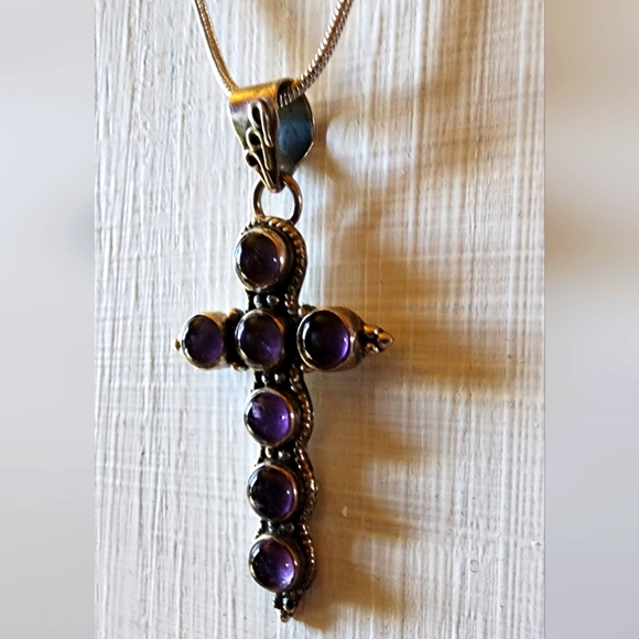 GENUINE AMETHYST 925 STERLING SILVER Vintage Cross Pendant with S.S. Snake Chain - Picture 2 of 8
